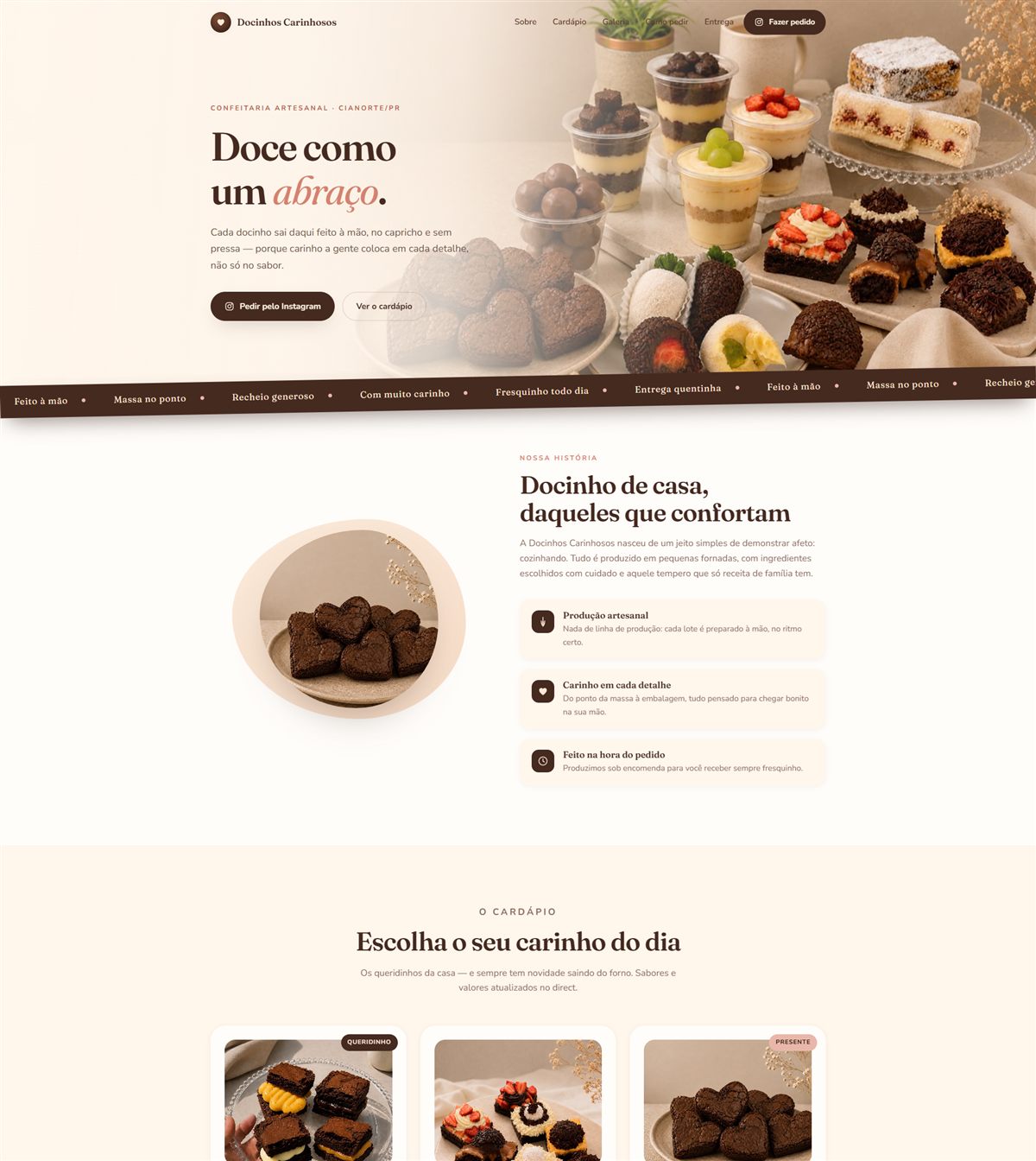 Site da Docinhos Carinhosos, confeitaria artesanal